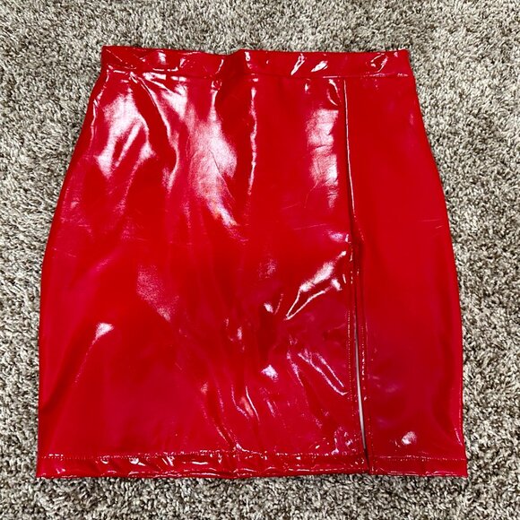 NWOT Y2K Red PU Skirt High Slit Punk Metal Fetish Dolls Kill Mini Stretch Sexy L - Picture 8 of 12